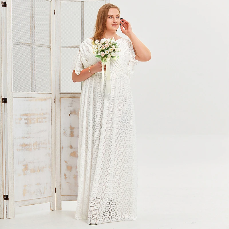 2022 Summer Women Elegant White Lace Long Dress Plus Size Modest Wedding Dress Casual Party Dress