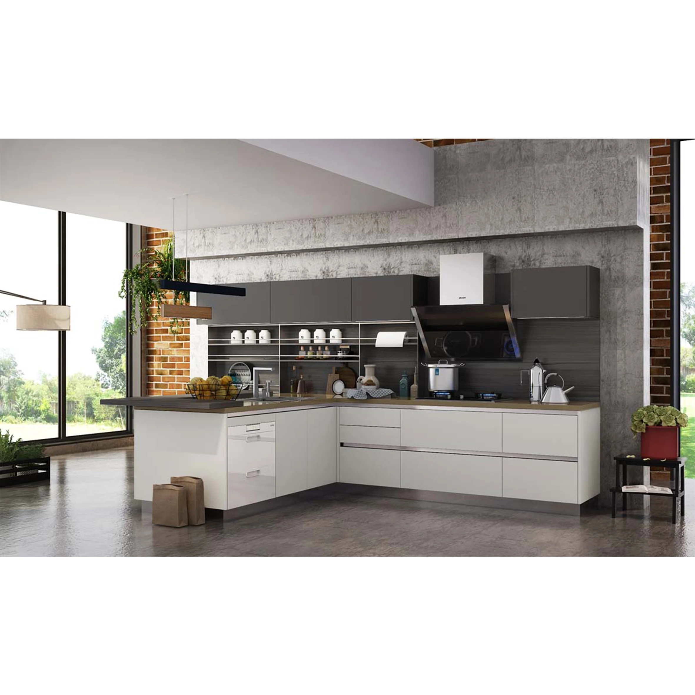 Современные Автономные темно-серые кухонные шкафы, цветовые комбинации, акриловый лист, модульный кухонный шкаф