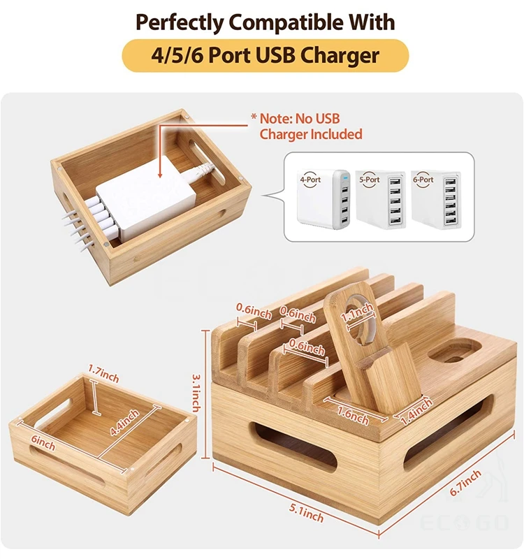 Bamboo Charging Station for Multiple-Devices Mobile Phone Docking Station Organizer