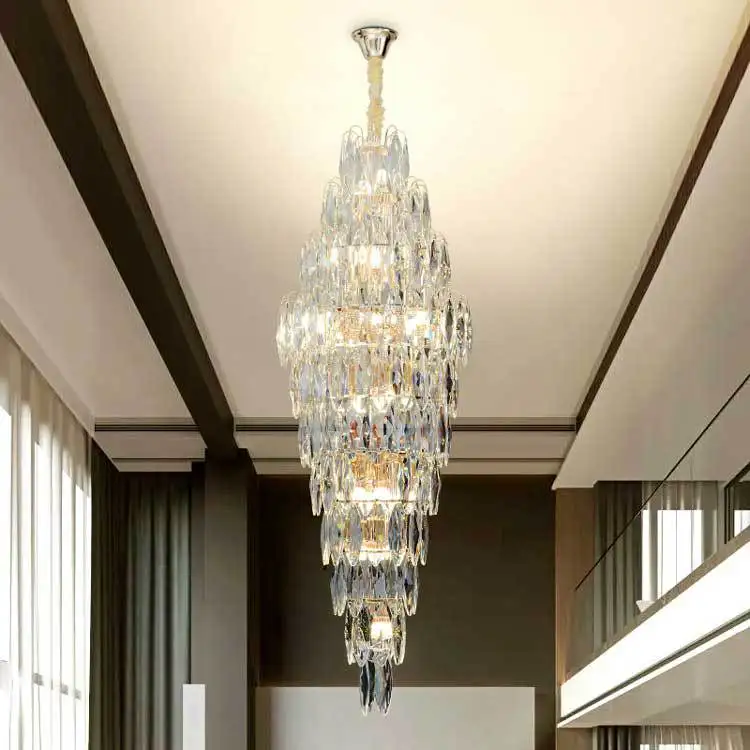 Duplex building crystal living room large chandelier luxury atmosphere hollow staircase villa long chandelier crystal chandelier