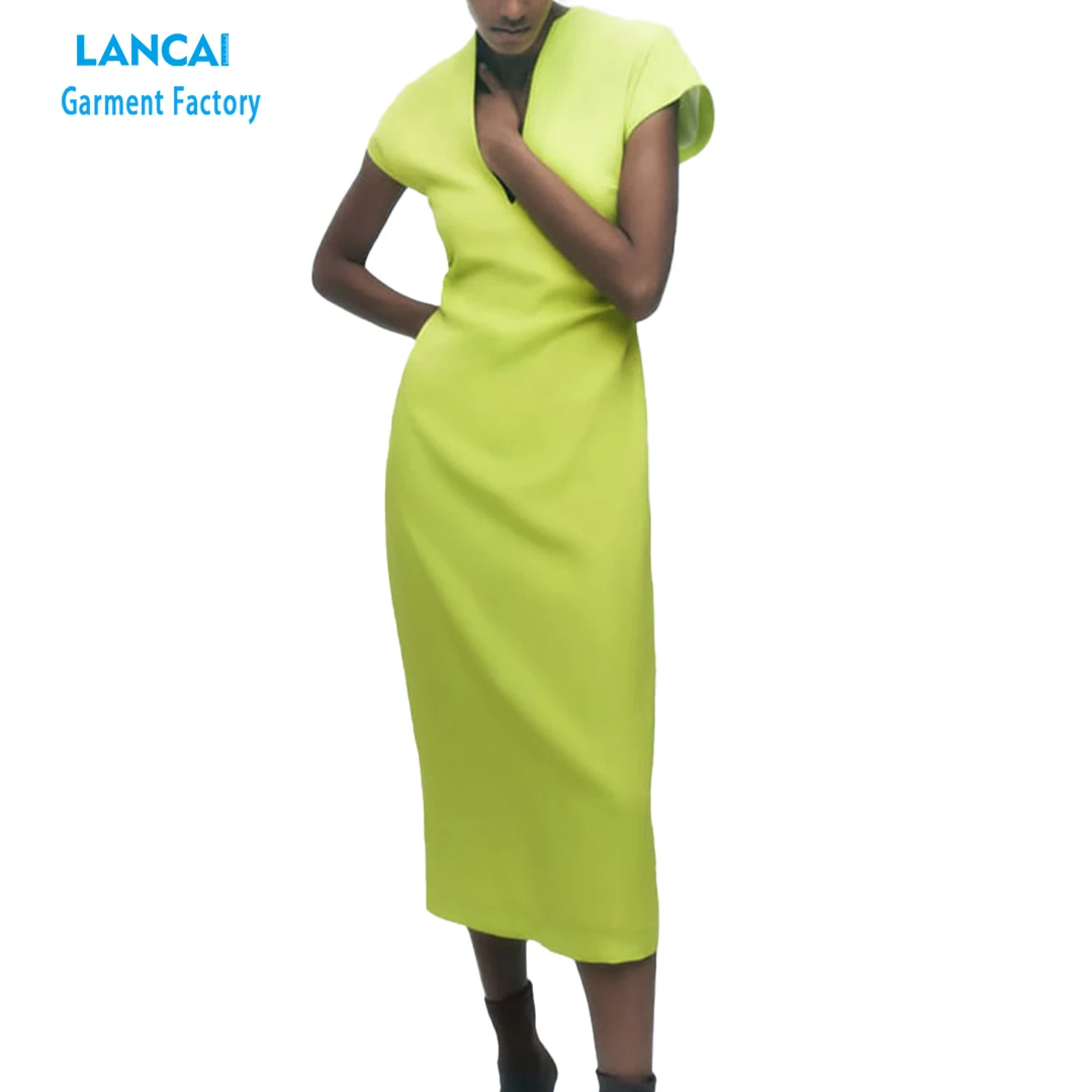 Custom Logo Top Quality Summer Short Sleeve Plain Women Casual Elegant Dress Hollow Out Sexy V Neck Women Dress