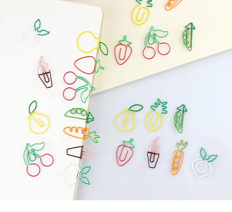 Hot selling two-tone box of 20pcs  carrot , pineapple ,strawberry,pear,Ice-cream, white radish,Pea, cherry shaped paper clips
