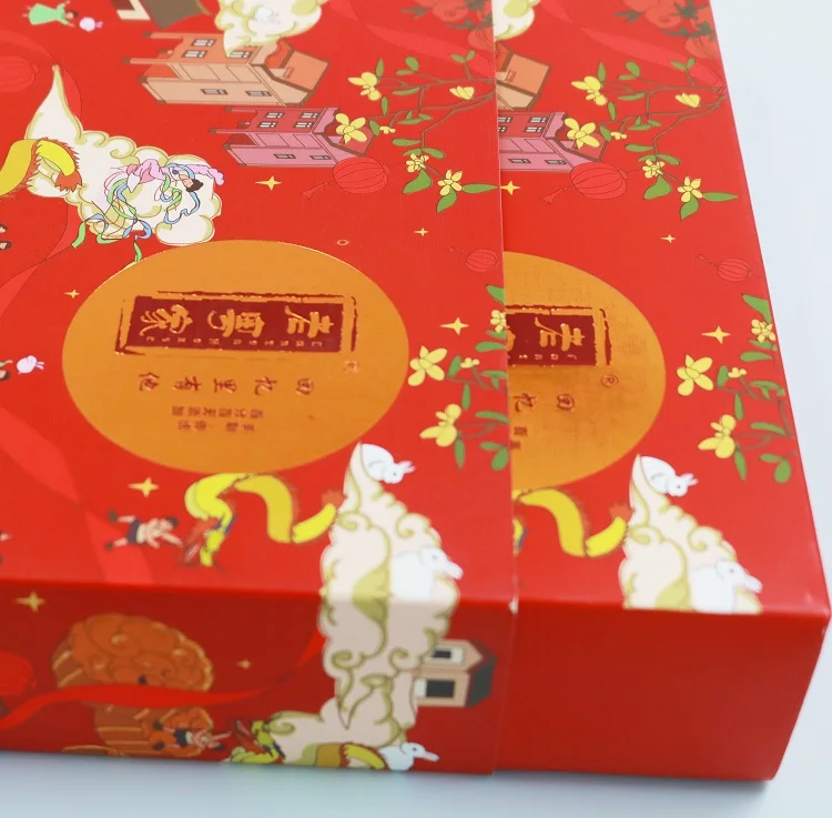 customized High-end 	logo red chinese cute rabbit moon cake 4 pice 150 g Mooncake cookie set square Paper Packaging premium box