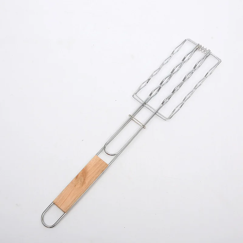 Bbq Accessories Charcoal Bbq Tools Iron Outdoor Wooden Handle Stainless Steel Grill Mesh Sausage Clips Vegetable Bbq Clips