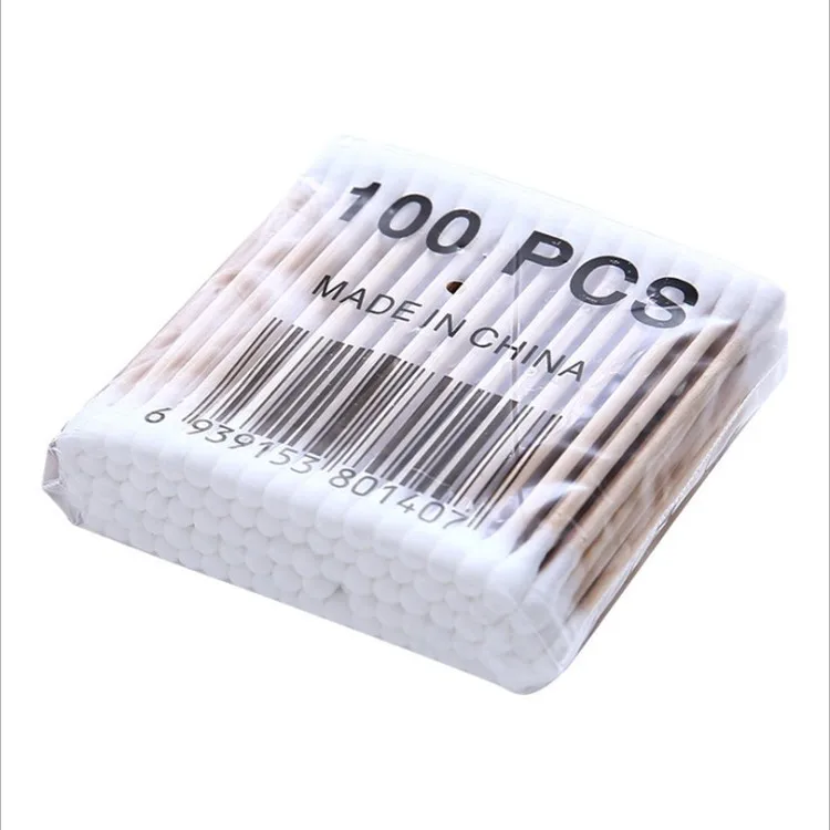 
100Pcs Wood Stick Disposable Cotton Swab 100% Natural Wood Material With Polybag Package 