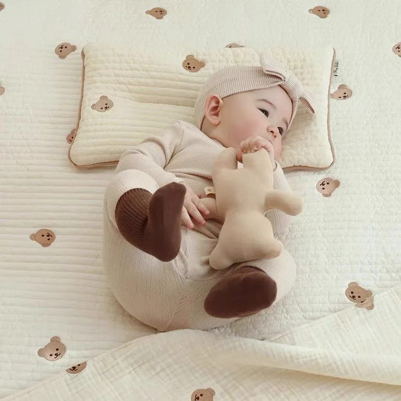 Ins Korean Style Baby Bear Embroidery Flat Pillow Breathable and sweat-absorbing flat pillow for children