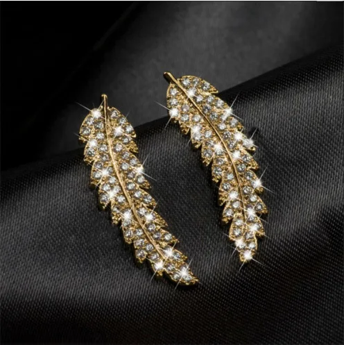Trendy CZ Crystal Leaf Feather Earrings Ear Climber Stud Earrings For Women Everyday Jewelry Ear Cuff Piercing Bronics