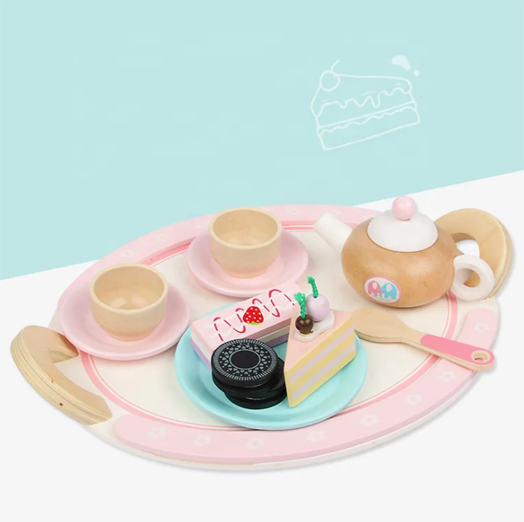Kids pretend simulation game toy girls wooden play food 12 sets tote cake tea chocolate wood tea toys