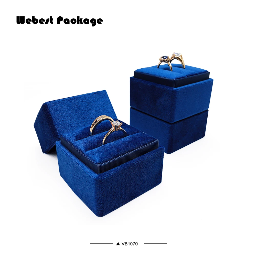 Webest new style navy blue flocked wedding square soft jewelry velvet ring box
