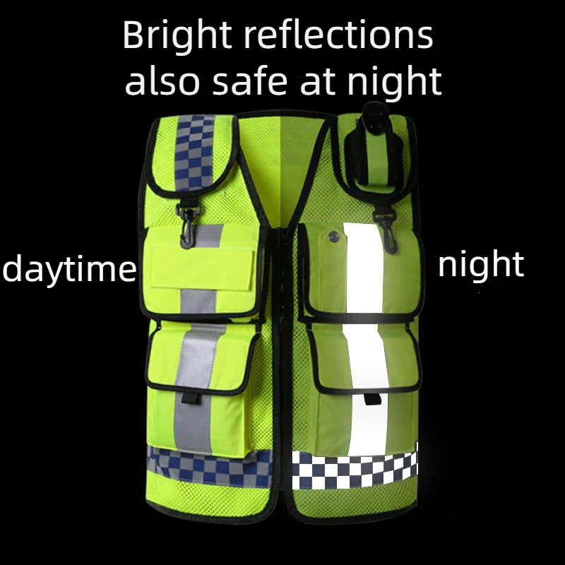 Multi-pocket Reflective Vest HI-VIS Vest Fluorescent Color Roadside Assistance Safety Suit Night Motorcycle Riding Breathable