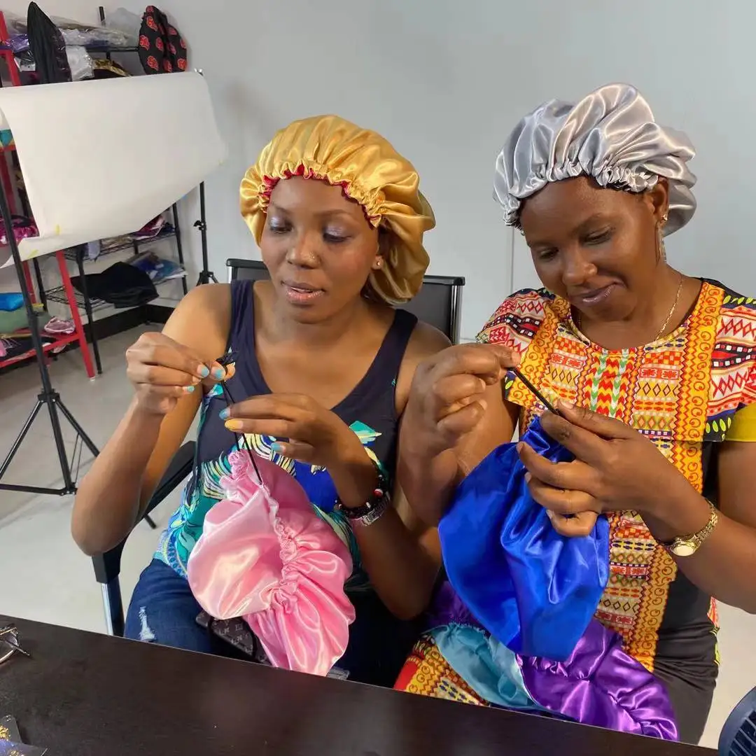 
Custom Wide Band Women Long Band Tie Double Layer Hair Bonnets Silk Sleep Bonnet 