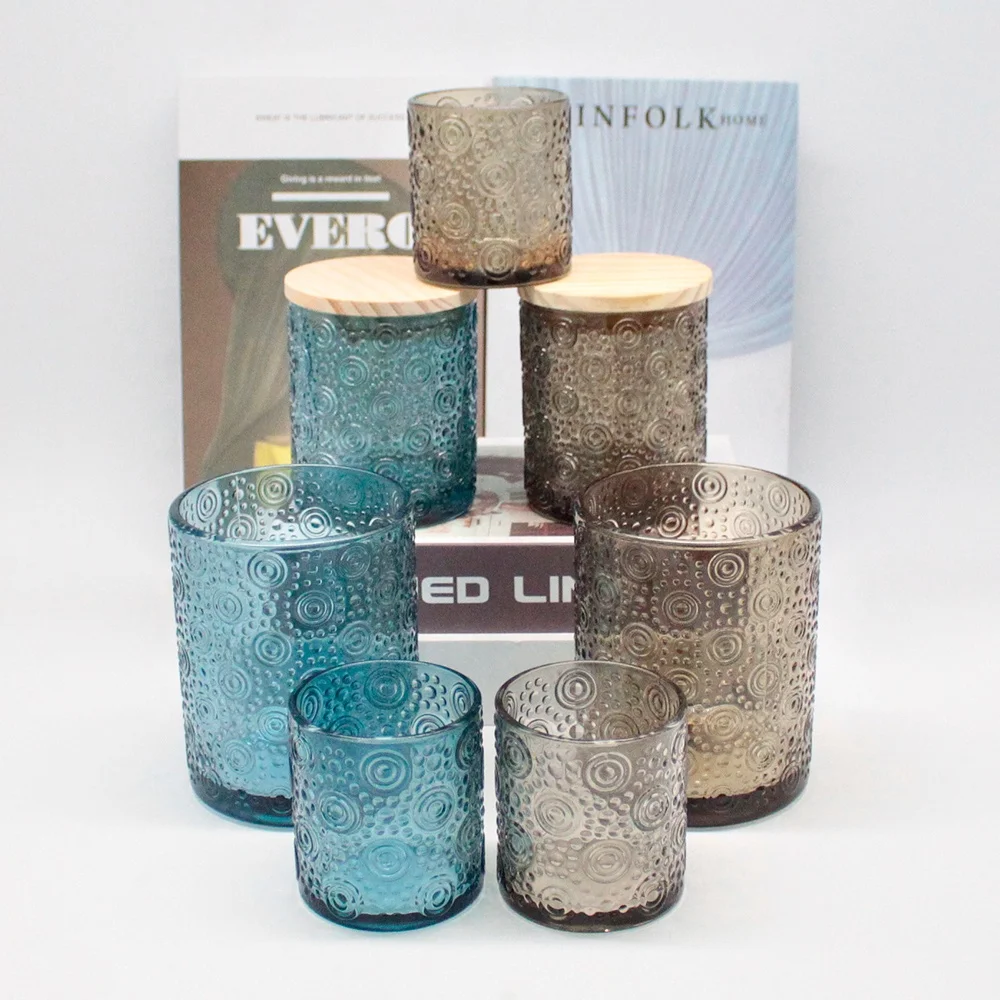 FENGJUN custom wholesale 6oz 11oz 20oz Translucence Blue Brown Gray Regular dots and circles glass candle jar for candle making