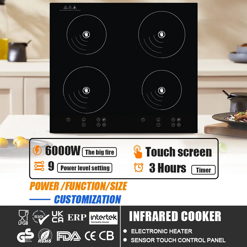 Multi-scene Application Electronic Ignition Four Burners 6000W Prestige Multi Digital Infrared Cooker With Led Display