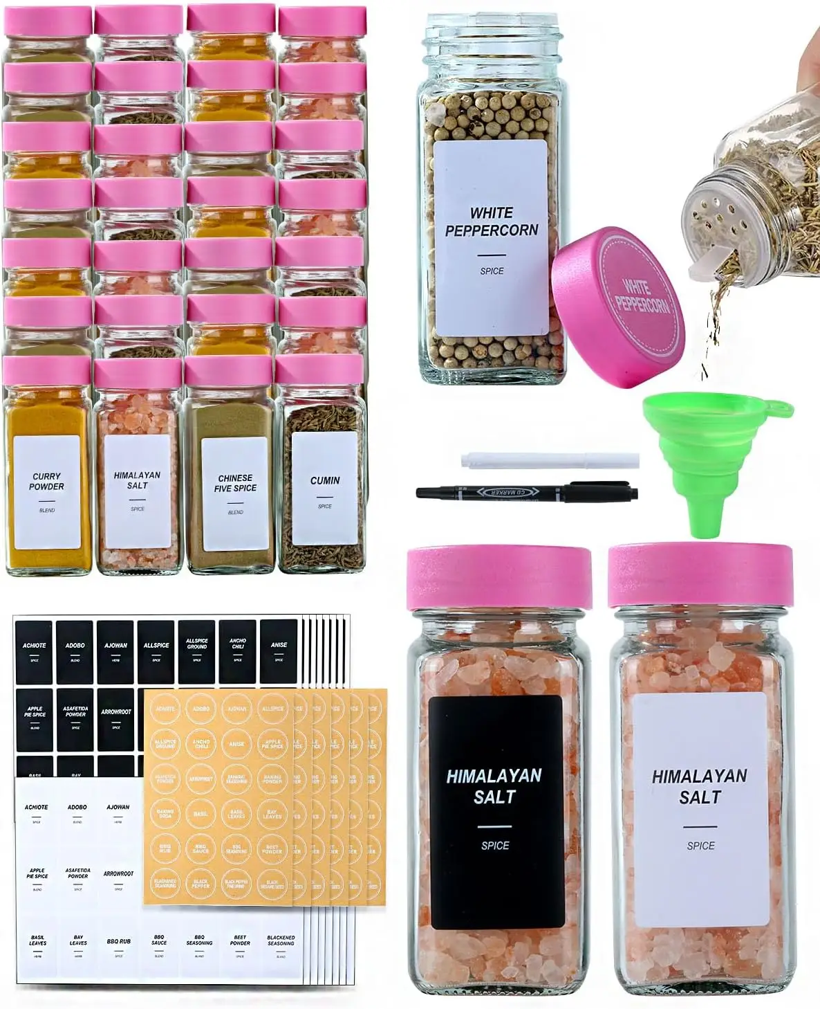 Glass Spice Jars Spice Containers with Pink Lids and Shaker Lids Spice Labels 1 Collapsible Funnel 2 Erasable Markers