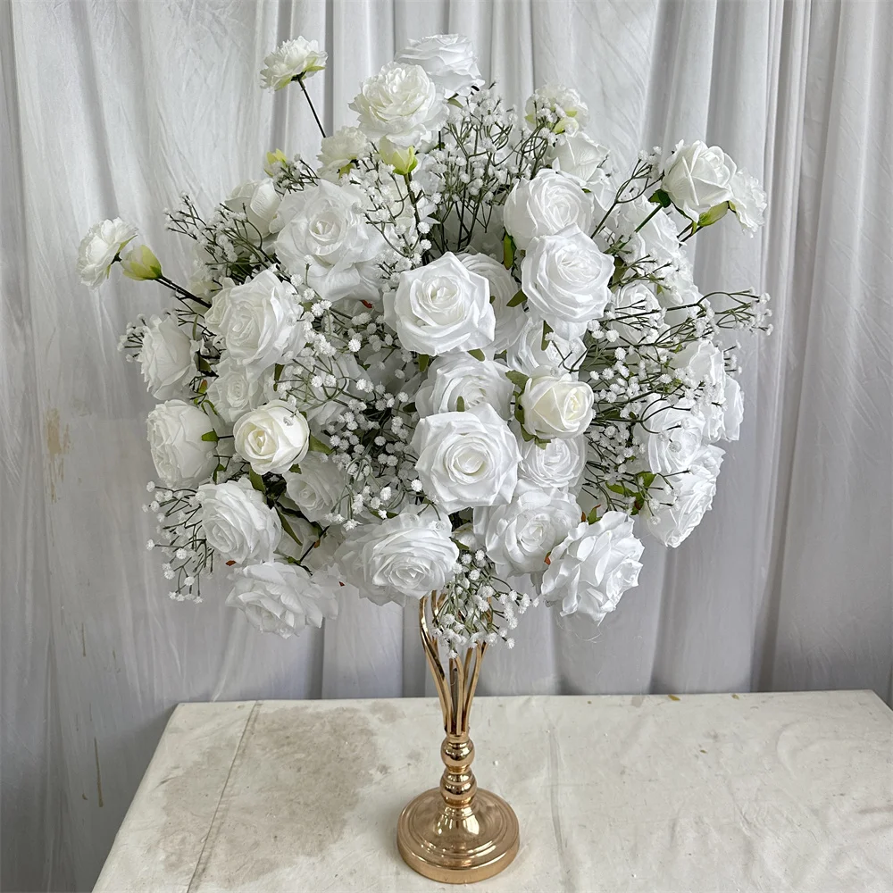 IFG Wedding Decor 50cm Artificial Pure White Rose Flower Ball with Few Baby Breath