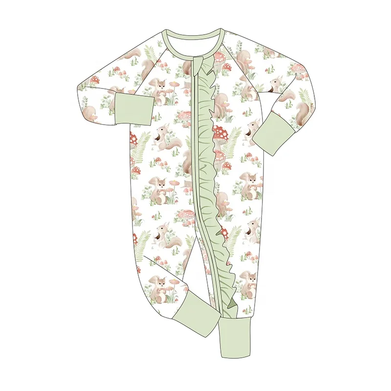 Professional Wholesale Price Custom Infant Baby Girl Romper Jumpsuit with Long Sleeve Ruffles 95% Bamboo and 5% Spandex 2Zippers