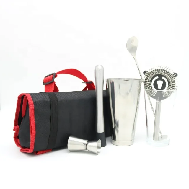 Cocktail Boston Shaker Jigger Muddler Strainer Spoon Bartender Kit Barware Set With Portable Travel Waxed Canvas Roll Bag