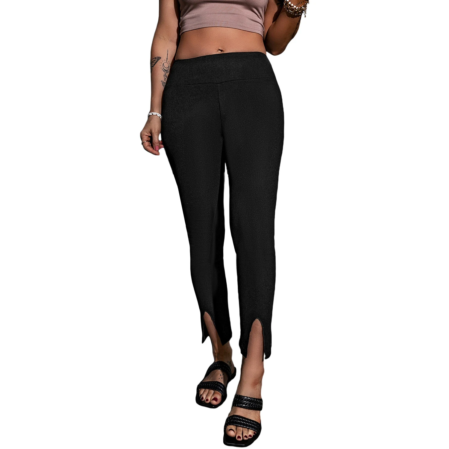 Wholesale Stretchy High Waist Slit Ladies Ribbed Knitted Tall Leggings for Women