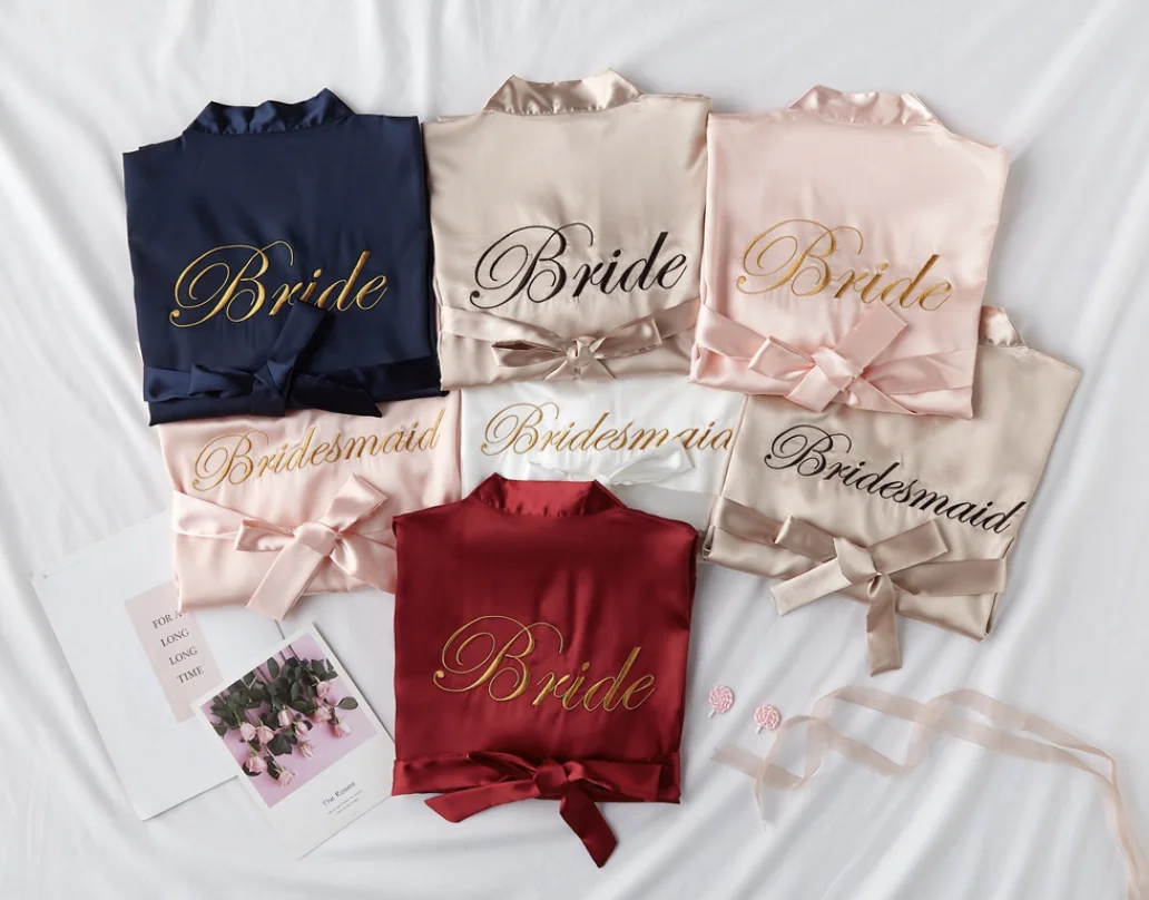 Hot Selling Solid Color Satin Wedding Robe Personalized Custom Embroidery Silk Robes Women Sexy Bride Bridesmaid Robe