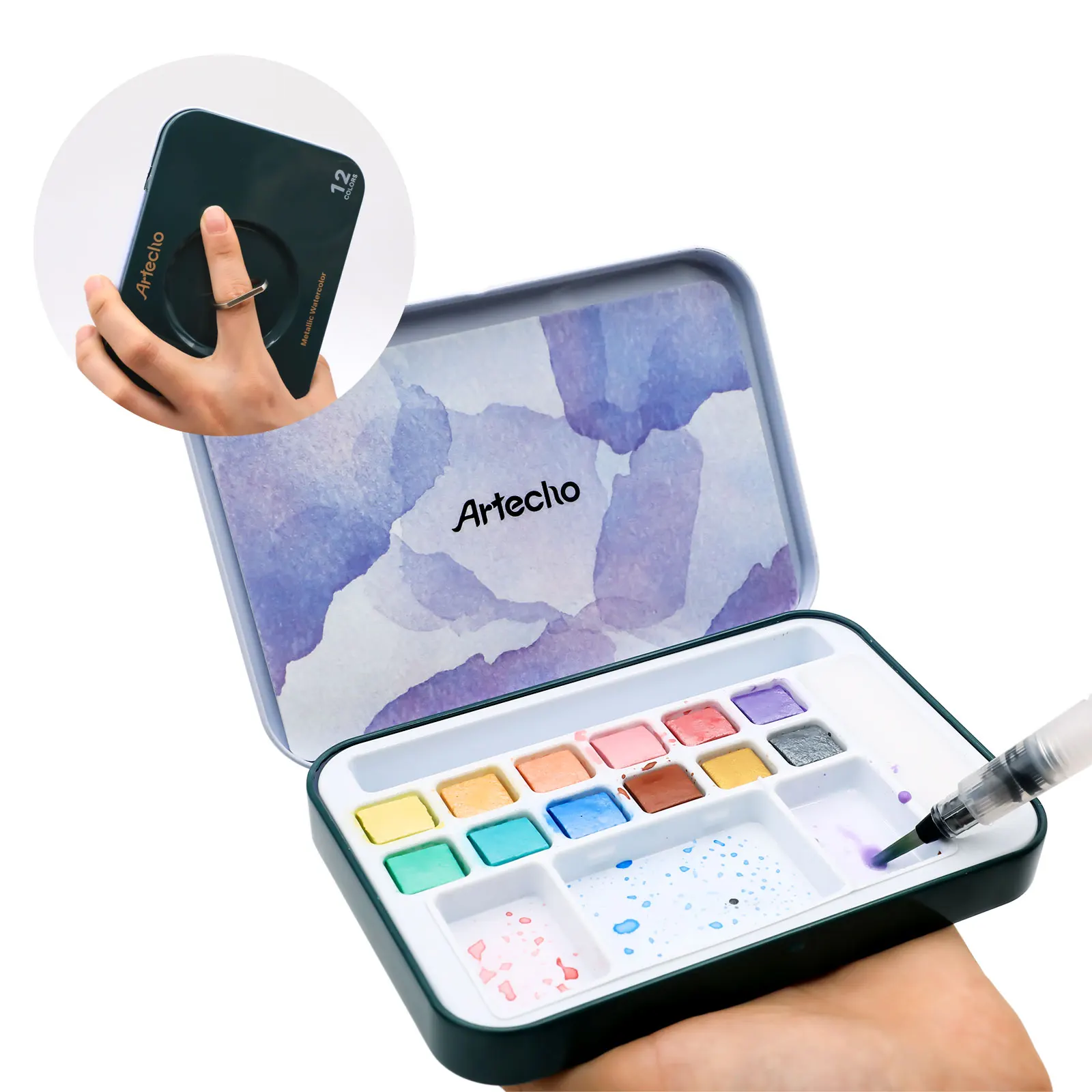 Artecho Watercolour Paint Set with 12 Metallic Colors, Including Water Brush Pen, Sponge and blank color chart in watercolor