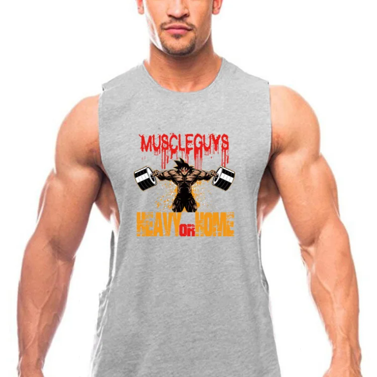 New men summer Muscular man elastic force Breathable GYM clothes printing Anime pattern Fitness Loose sleeveless Tees vest