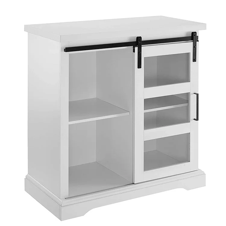 
Modern Farmhouse 32 Inch buffet Sliding Barn Cabinet Glass Door White Storage Console Table 