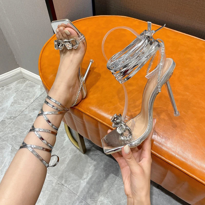 2022 Fashion Sexy Square Toe Wedding Shoes Roman Strap Sandals Rhinestone Chain Transparent High Heels For Women