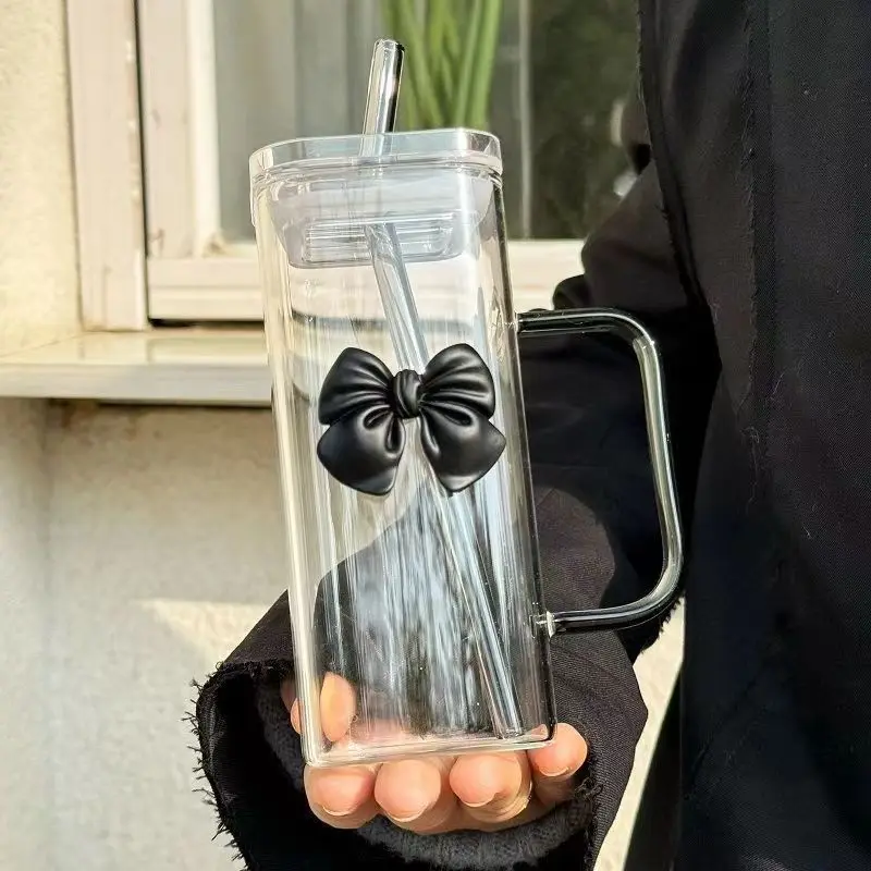400ml Square Shape Bowknot Bow Design Girl Best Gift For Friend Glass Bottle Cup With Straw and lid