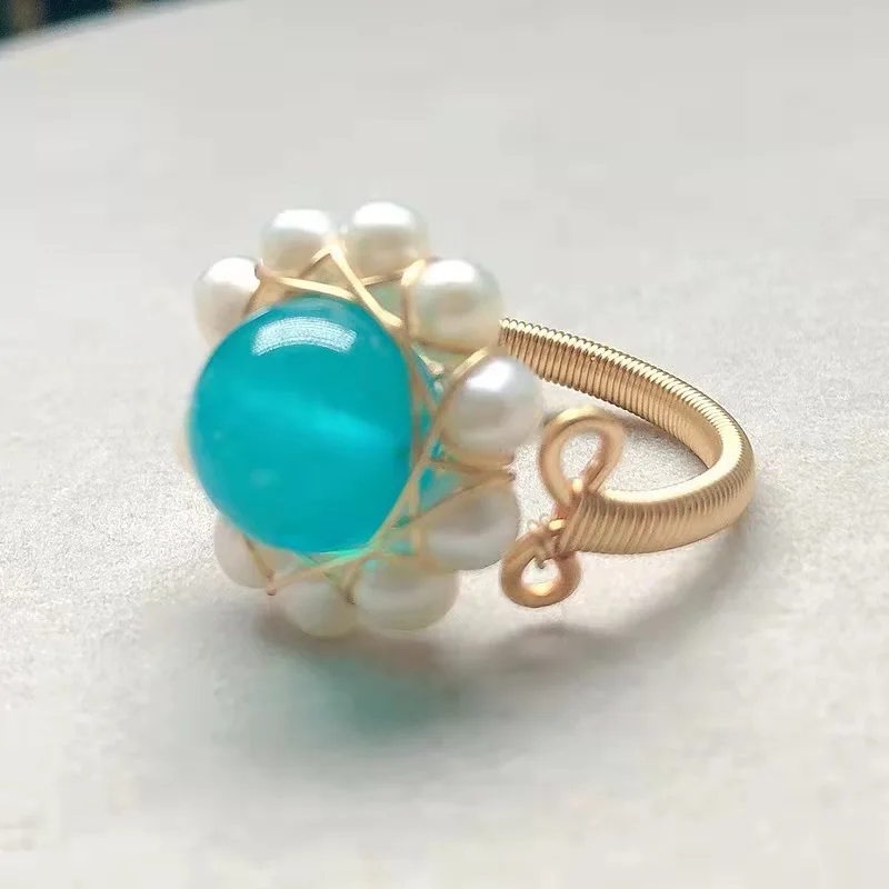 Ручная работа 14K позолоченные жемчужины исцеляющий Кристалл Камень Нефритовая проволока бисерные кольца регулируемые открытые пальцы ювелирные изделия