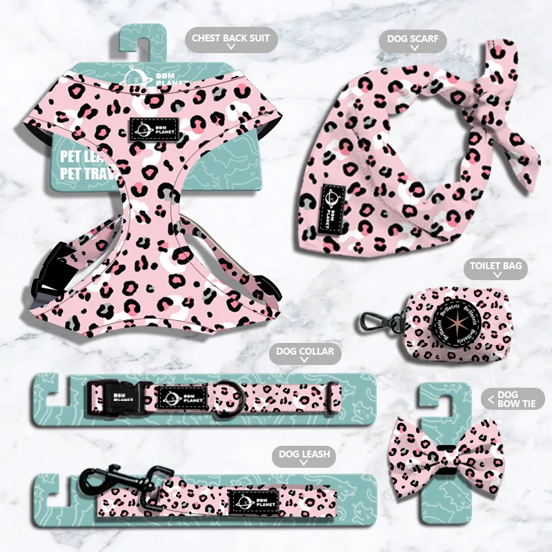 2022 Adjustable Dog Accessories Sublimation Dog Harness Set Custom Personalized Neoprene Pet Dog Chest Harness Collar and Leash
