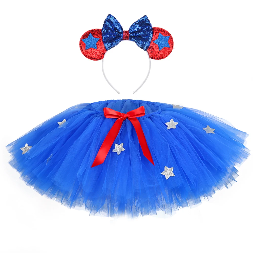 4th Of July Baby Kids Celebratory Party Wear Girl Mesh Star Decoration Tulle Skirts With Headband