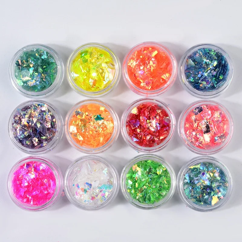 12 Colors Irregular Colorful Cellophane 3D Nail Art Decorations Holographic Glass Paper Sequins Manicure Accessories Set