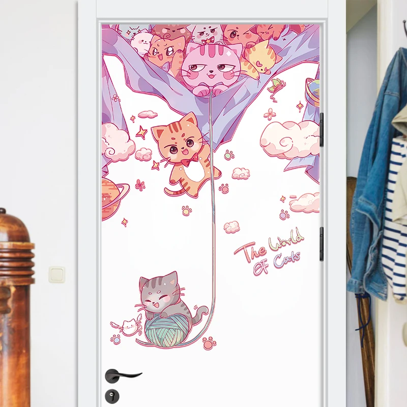 3D cartoon cat door stickers for kids children cartoon style wallpaper for kid room wall paper decoration