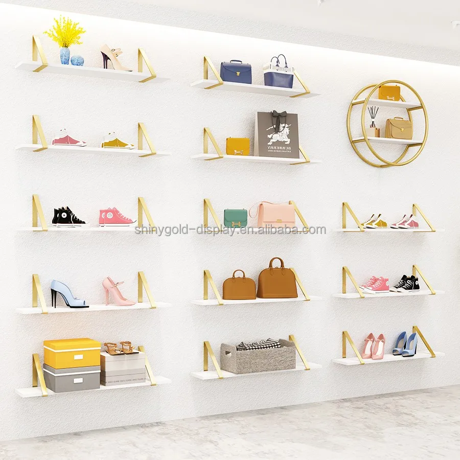 High Quality Luxury Shoe Store Furniture Gold Metal Bag Wall Mounted Wall Shoes Display Stand for Retail Shop