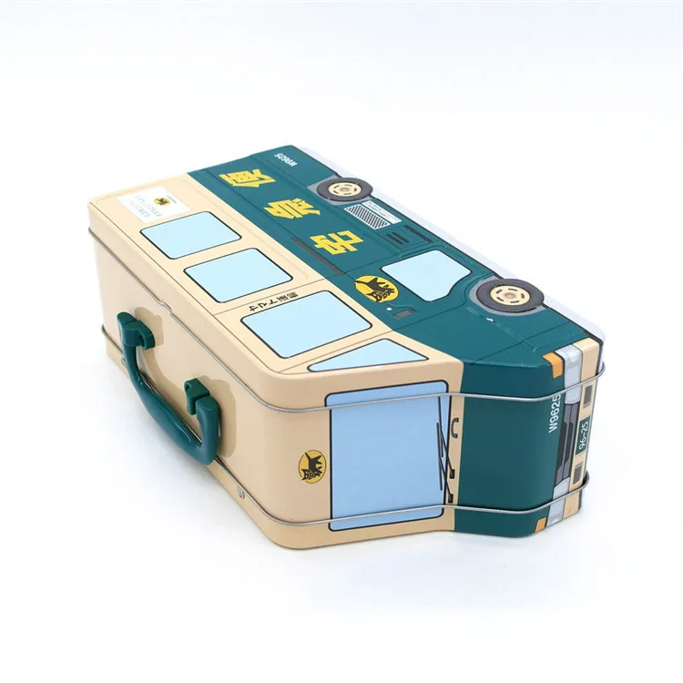 Bus shaped tin packaging box with hinge lid for storage, accepting custom printing
