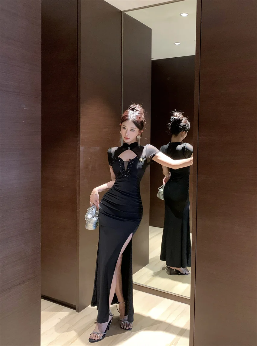 New Chinese Style Cheongsam Tulle Patchwork Beading High Slit Design Sexy Party Dress for Adults and Girls