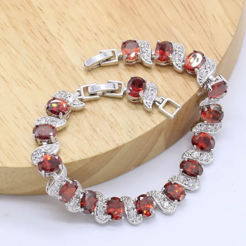 Geometric Silver Color Jewelry Set for Women Wedding Red Zircon Bracelet Earrings Necklace Pendants Ring Christmas Gift