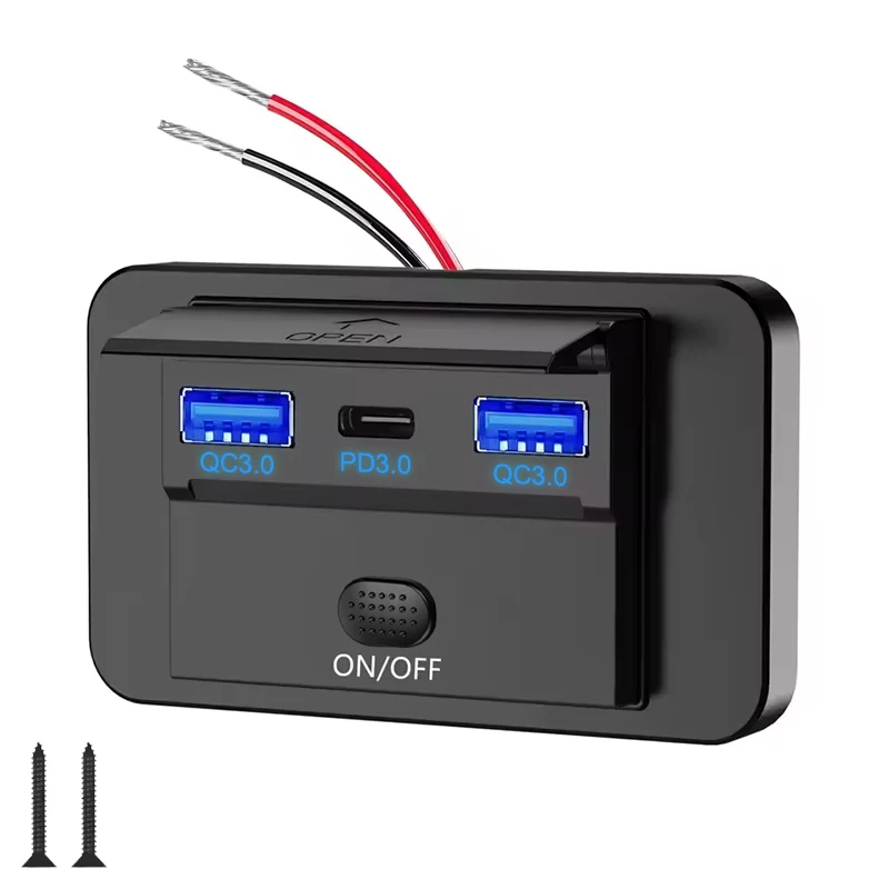 DIY 72W 12V USB Outlet Panel Wall Mount, 36W USB C and Dual QC 3.0 18W Car USB 3 Port Charger Socket with Switch Power Outlet