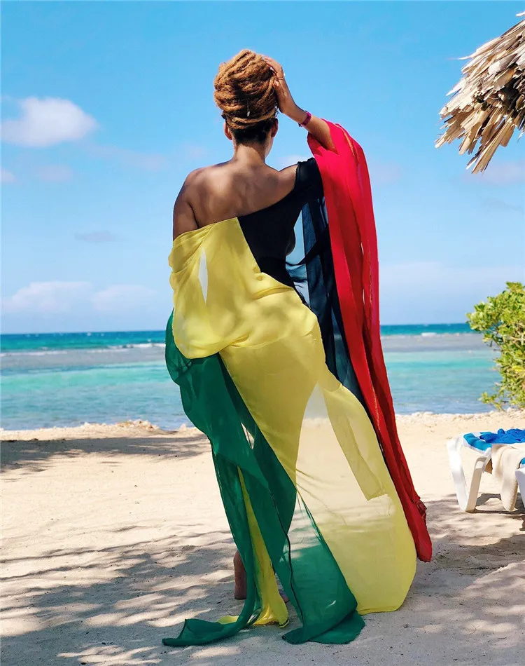 WoYing Boho 4 colors splice Bikini Cover Up 2020 Women Casual Long Dress Beach Bathing Suits