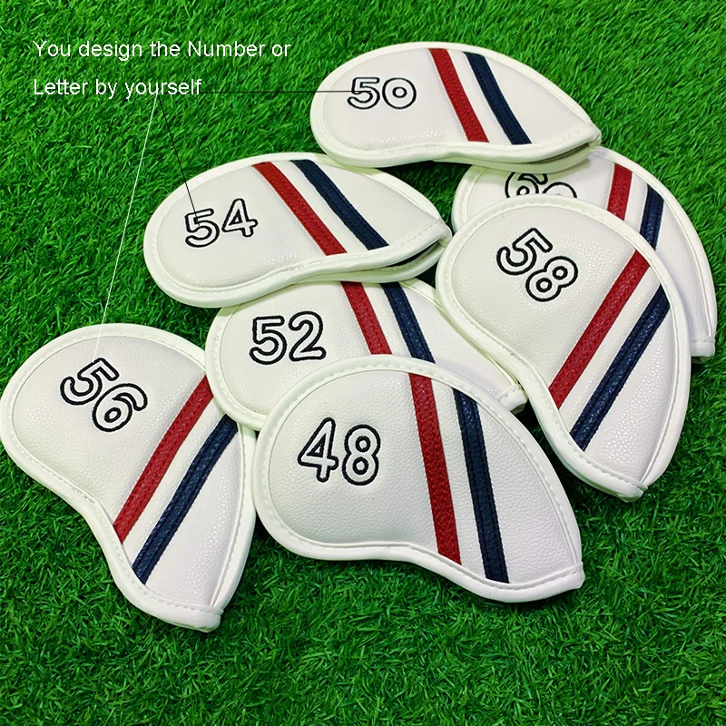 Factory supply White  PU  Leather  Red &Blue Stripes  Customized Logo Golf Club Iron Cover