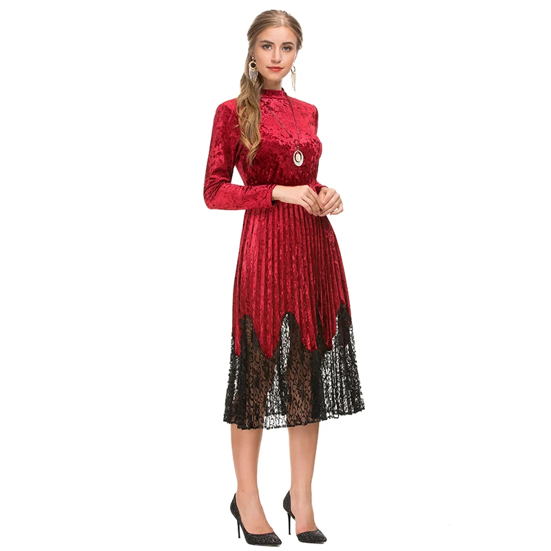 Latest design pleated lace hem women long sleeve high waist crew neckline soft velvet fabric midi dress