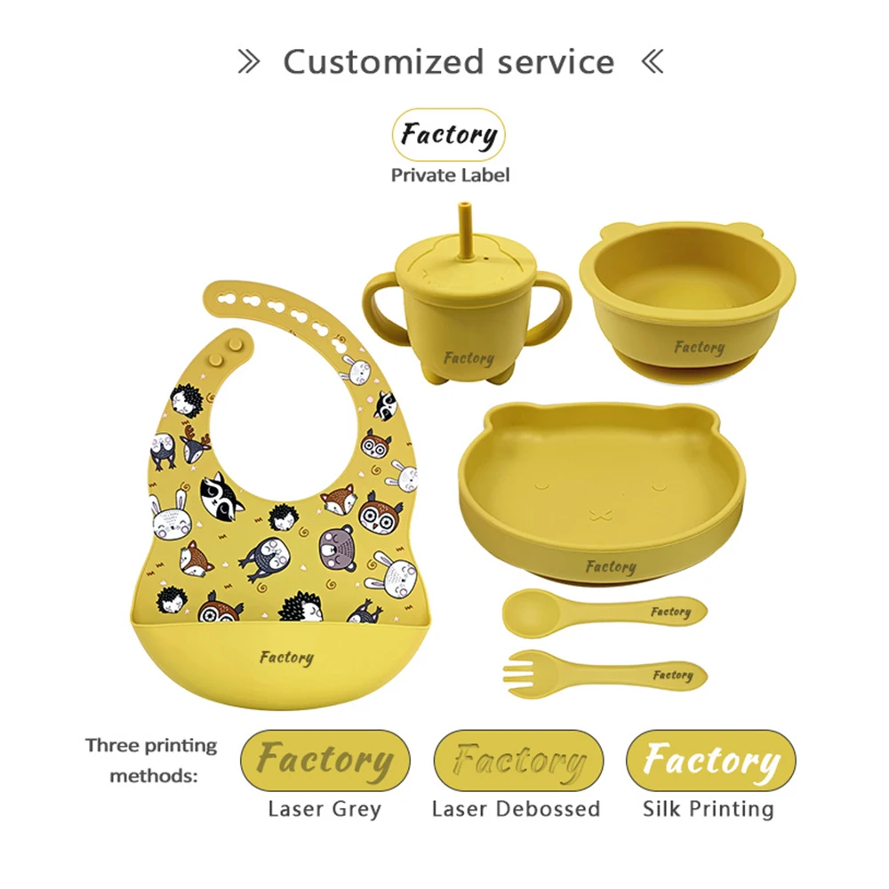 Infant Dining Set Toddler Tableware Weaning Kit Food Grade Baby Bowl Printed Bibs Suction Plate Spoon And Fork