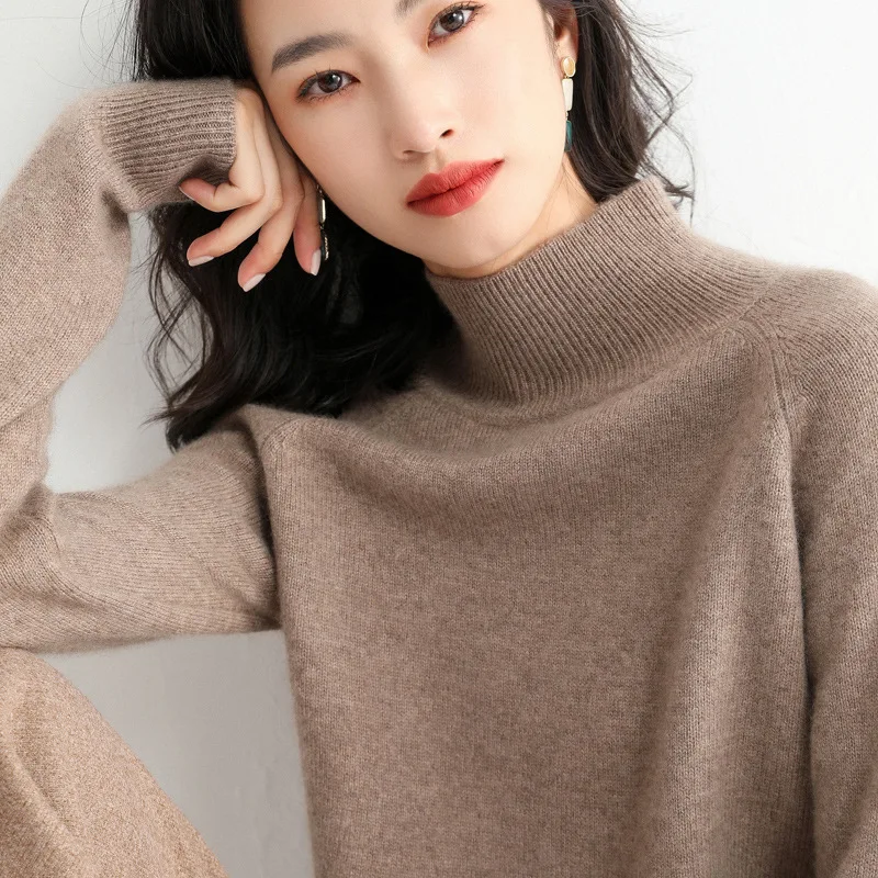 Customized high collar cashmere sweater women winter cashmere sweater knitted women long sleeve thickened loose pullover