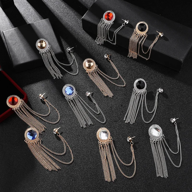 Fashion Suit Accessories Personality Crystal Fringed Shirt Brooch Men Corsage Shirt Collar Chain Tassel Pins vintage brooches