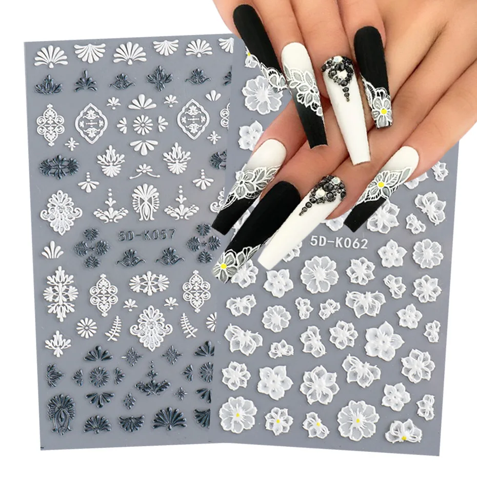 White Embossed Flower Lace 5D Sticker Decal Wedding Nail Art Designs Floral Butterfly Japanese Manicure Decor