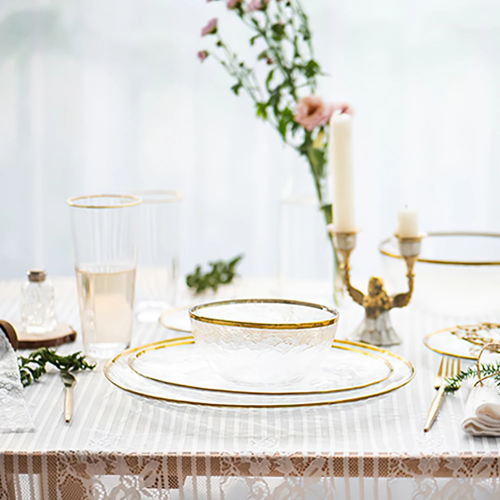 Nordic Design Transparent Porcelain Charger Plate Bulk Stock Gilt Glass Tableware Household Plate Glass Dishes