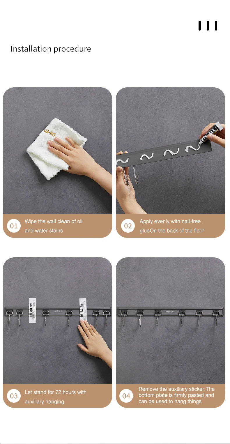 Multiple hooks Non punching kitchen hook bracket Wall mounted aluminum alloy kitchenware hanging rod Kitchenware storage rack