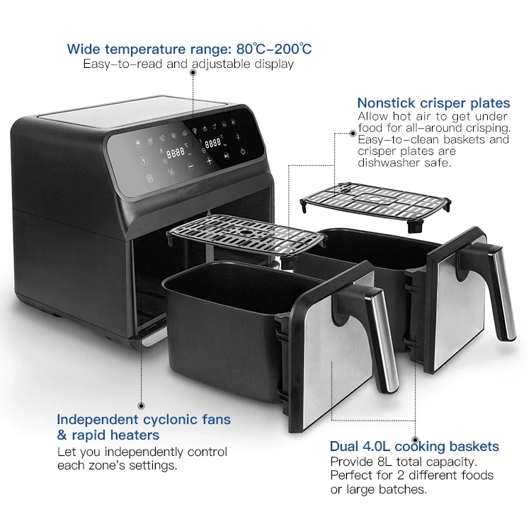 Dual Zone Electric Stainless Steel Air Fryer 8 Liter Cooker 2 Drawers Smart Double Air Fryer 8l Digital Dual Basket Air Fryer
