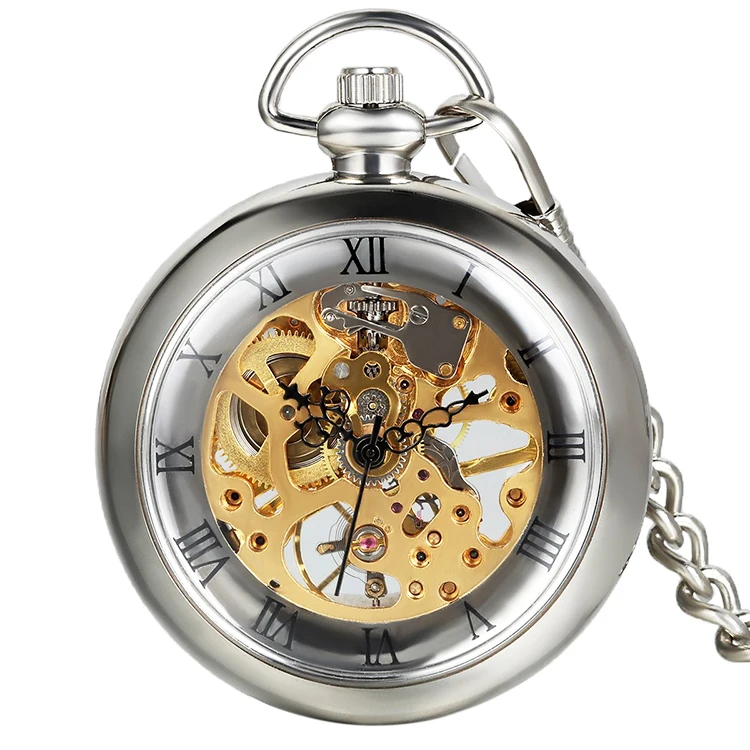 Luxury Silver Skeleton Mechanical Hand-winding Mens Pocket Watch with FOB Chain Hot Smooth Steel Women Unisex Pocket Watch