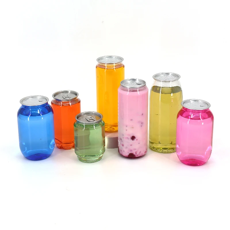 All Sizes Plastic PET Ring Pull Cans Beverage Bottle Package Iced Cold Drinks Soda Pop Can Container With Easy Open Aluminum Lid
